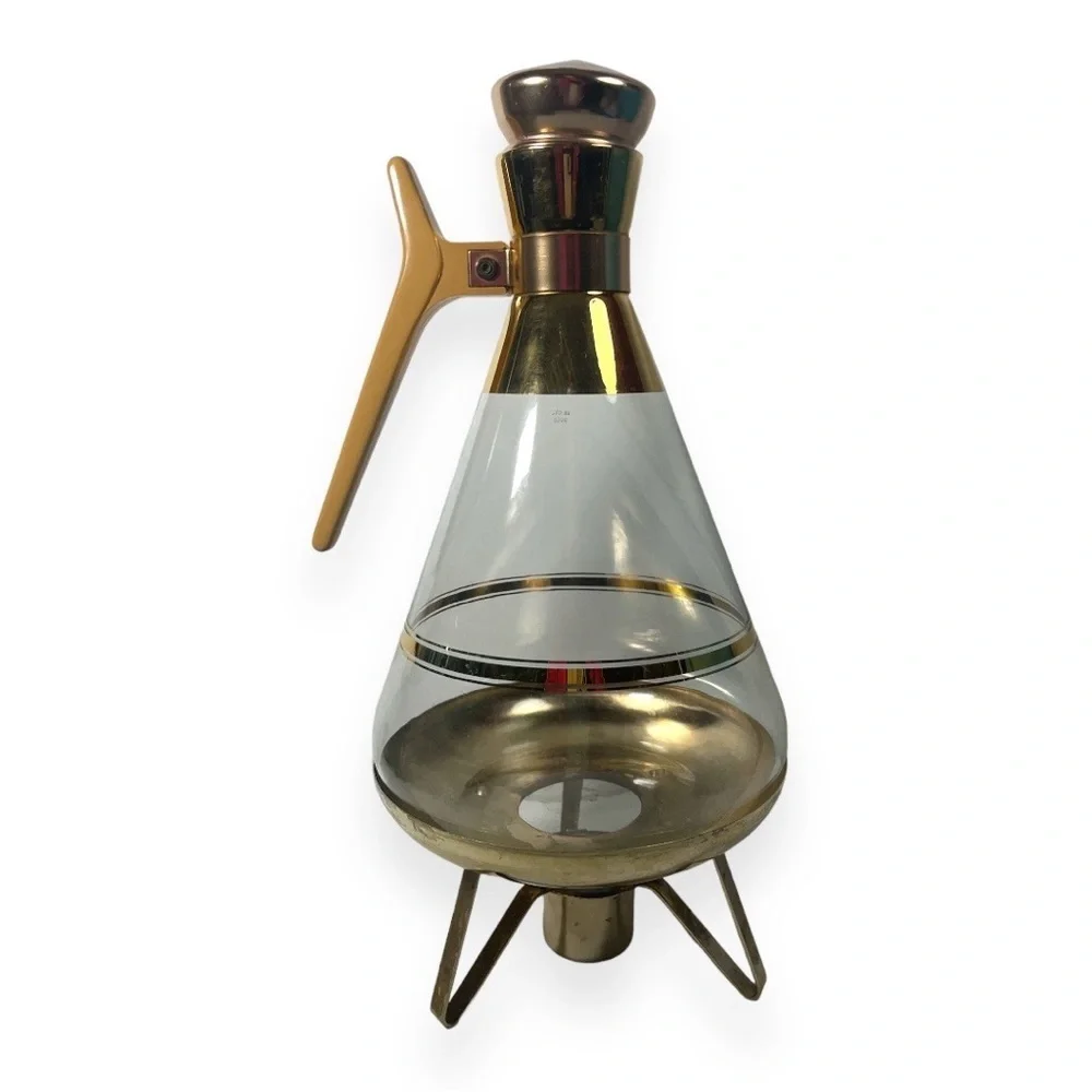Inland‎ Brass Gold Glass Coffee Pot Carafe Candle Warmer Stand with Cork Stopper
